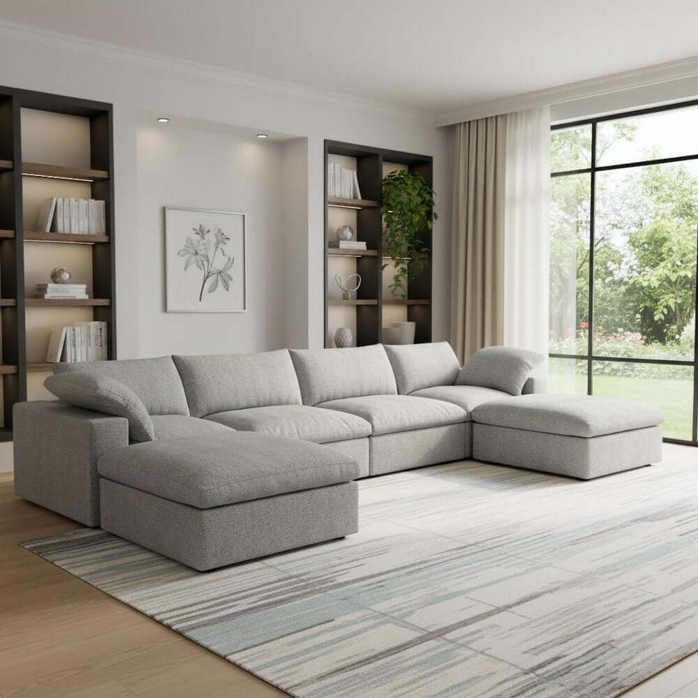 160" White Linen Blend Modular Sofa With Ottomans Toss Pillows And Storage in a modern living room setting.