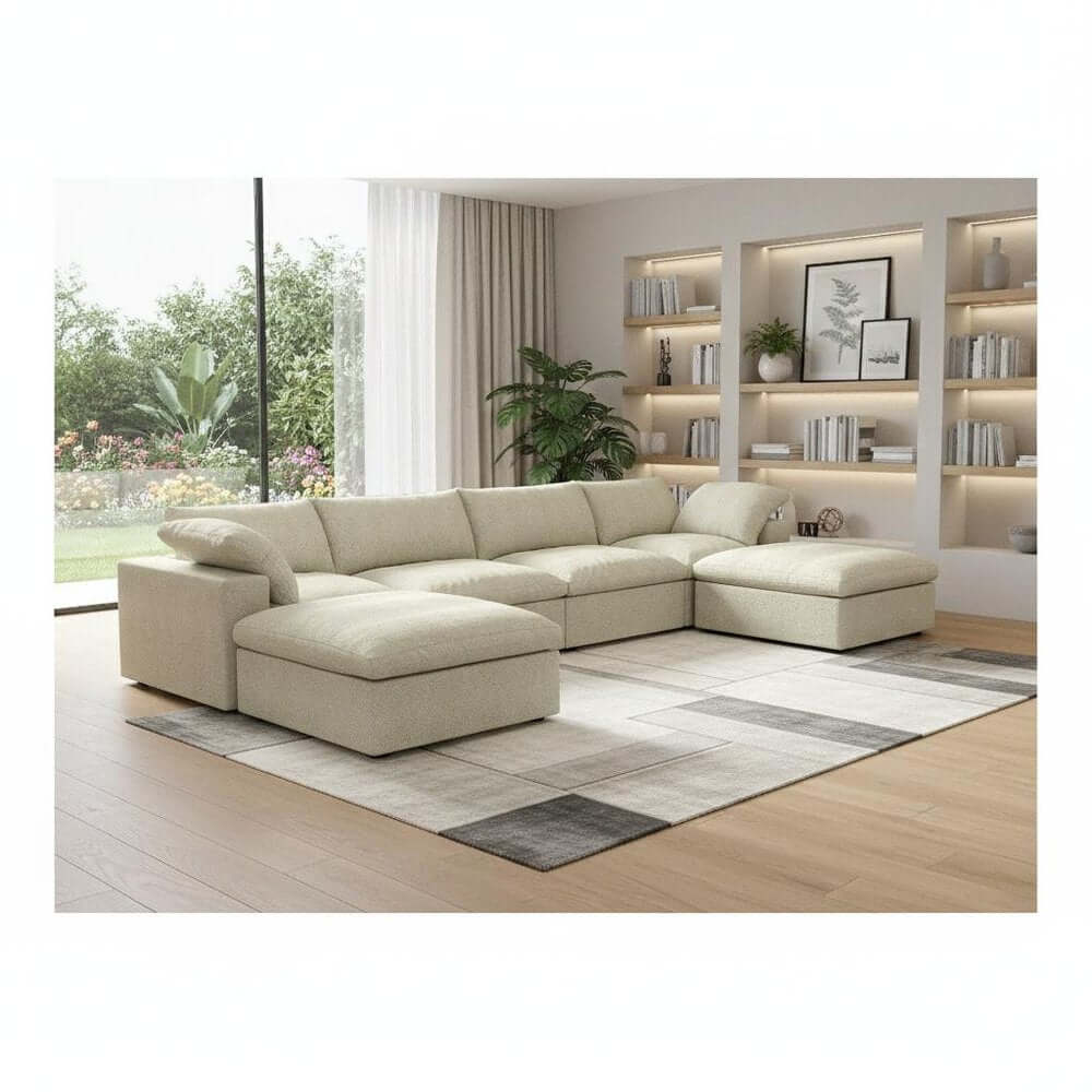 160" White Linen Blend Modular Sofa With Ottomans Toss Pillows And Storage in a modern living room setting.