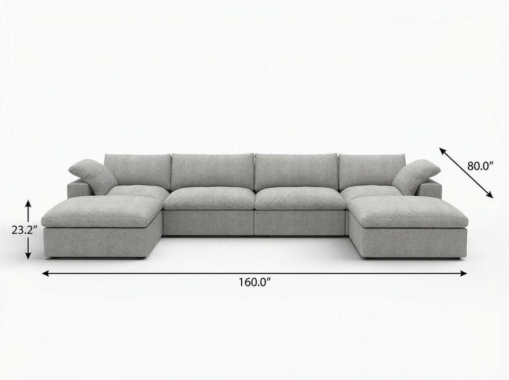 160" White Linen Blend Modular Sofa With Ottomans Toss Pillows And Storage, dimensions 160x80x23.2 inches.