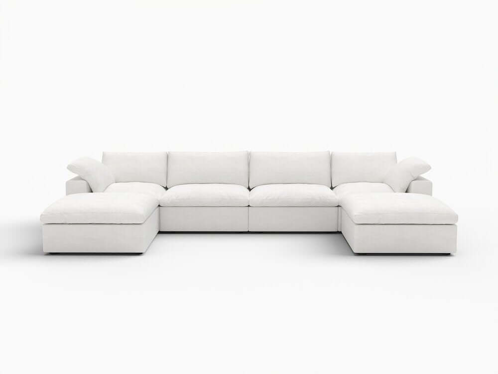 160" White Linen Blend Modular Sofa With Ottomans Toss Pillows And Storage in a modern living room setting.