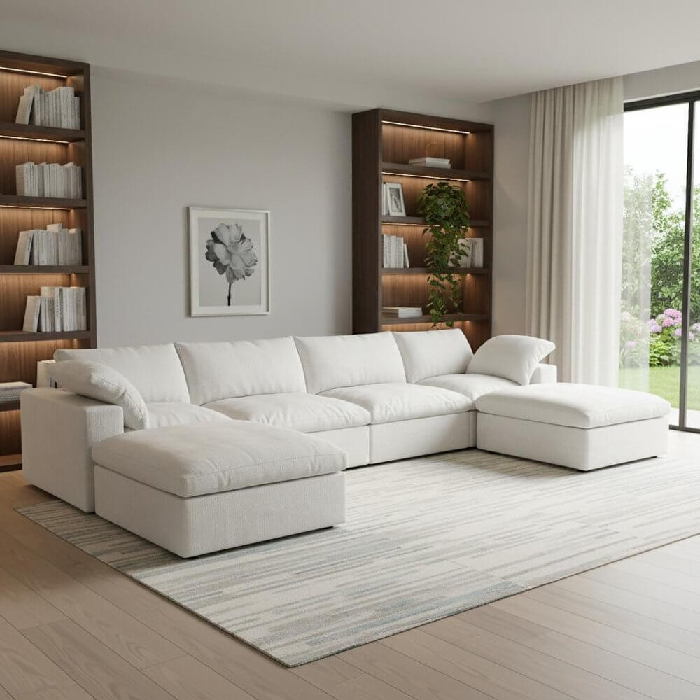 160" White Linen Blend Modular Sofa With Ottomans Toss Pillows And Storage in a modern living room setting.