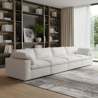 160" White Linen Blend Modular Sofa With Toss Pillows in a modern living room setting.
