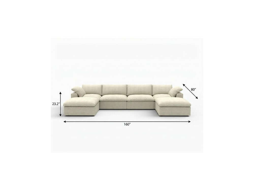 160" White Linen Blend Modular Sofa With Ottomans Toss Pillows And Storage dimensions and design view