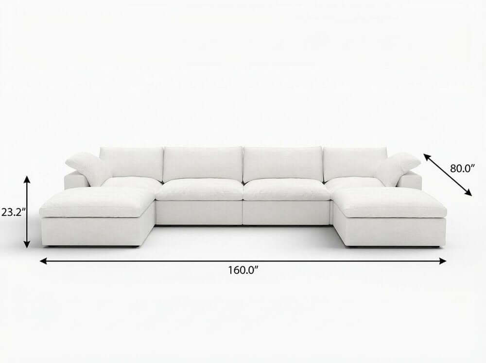 160" White Linen Blend Modular Sofa With Ottomans Toss Pillows And Storage dimensions and modern design overview.