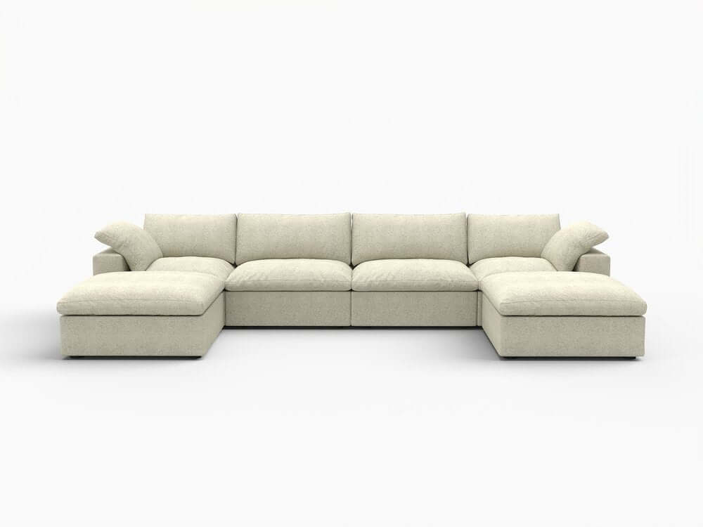 160" White Linen Blend Modular Sofa With Ottomans Toss Pillows And Storage in modern living room setting.