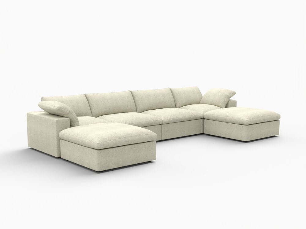 160" White Linen Blend Modular Sofa With Ottomans Toss Pillows And Storage in a living space.