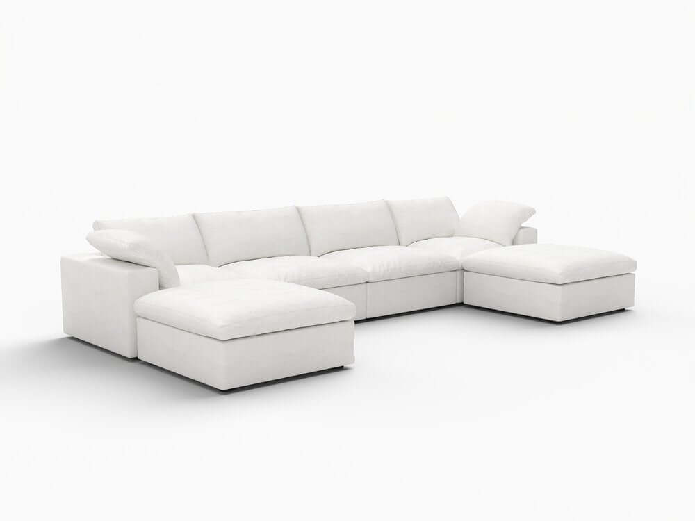 160" White Linen Blend Modular Sofa With Ottomans Toss Pillows And Storage on a white background.