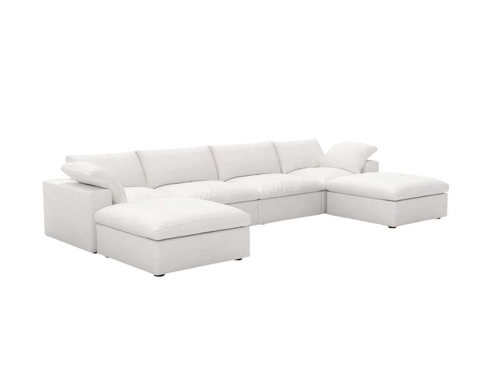 160" White Linen Blend Modular Sofa With Ottomans Toss Pillows And Storage in modern living room setup.