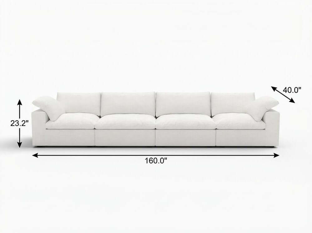 160" White Linen Blend Modular Sofa With Toss Pillows dimensions and sleek design in crisp white upholstery.