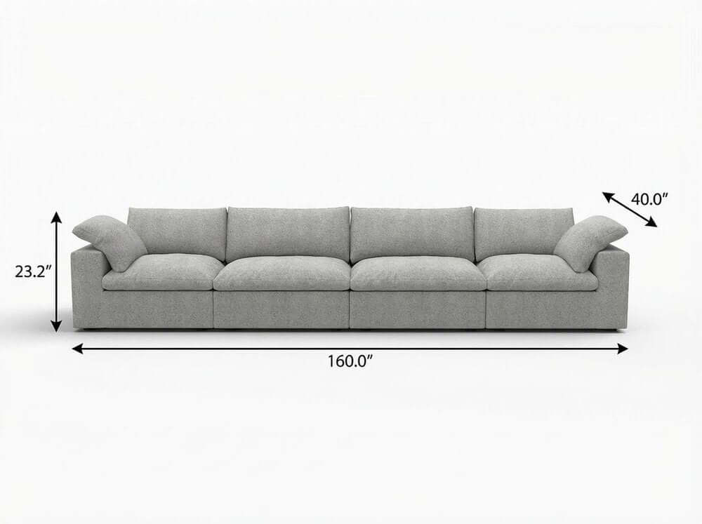 160" White Linen Blend Modular Sofa With Toss Pillows dimensions and design layout.