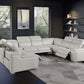 Light Gray Italian Leather Power Reclining U Shaped Eight Piece Corner Sectional With Console in modern living room.