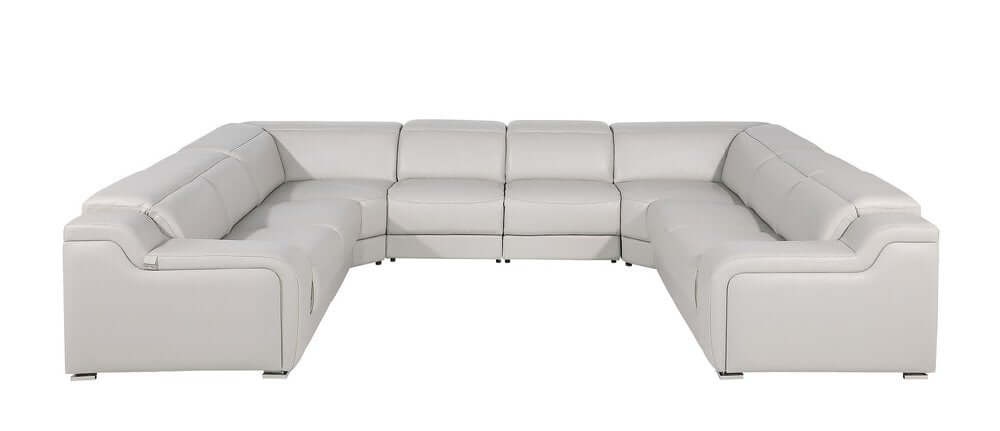 Light Gray Italian Leather Power Reclining U Shaped Eight Piece Corner Sectional With Console.