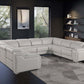 Light Gray Italian Leather Power Reclining U Shaped Eight Piece Corner Sectional With Console in modern living space.