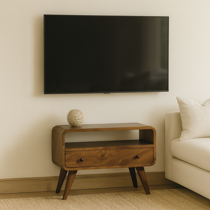 Tullis Chestnut Mango Wood Mini Media Unit – 23.6" Curved TV Stand with Drawer & Open Slot