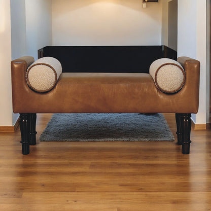 Renzo Buffalo Leather Bench – 36" Upholstered Mango Wood Bench with Boucle Cushions