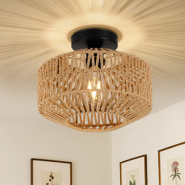 Boho Light Fixtures Ceiling Mount, Mini Rattan Chandelier Light Fixture with Dimmable LED Bulb