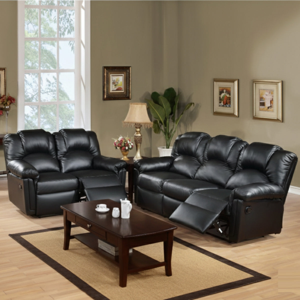 Brennan Black Bonded Leather Reclining Sofa & Loveseat Set