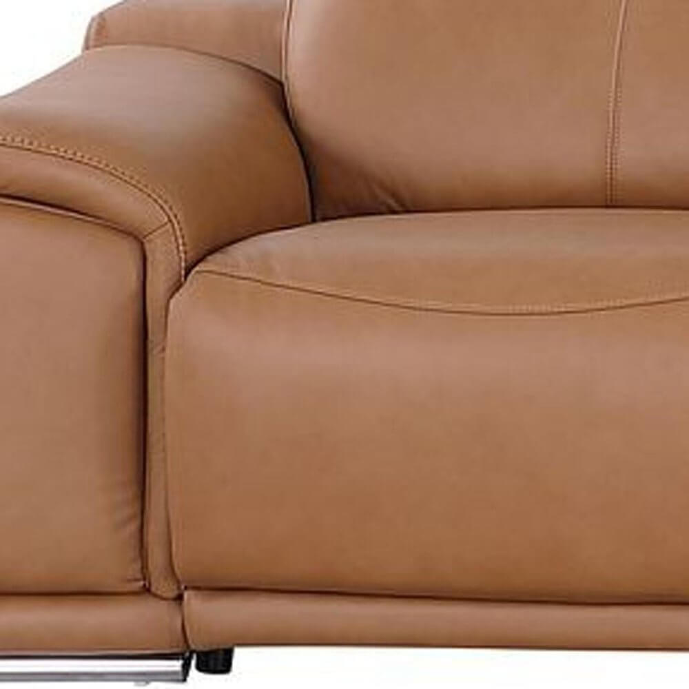 175" Chestnut Italian Leather Power Reclining Sofa with USB | Luxury Modular Couch detail close-up of leather upholstery.