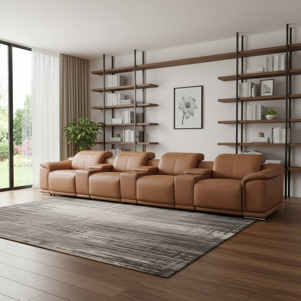 175" Chestnut Italian Leather Power Reclining Sofa with USB | Luxury Modular Couch in modern living room setting.