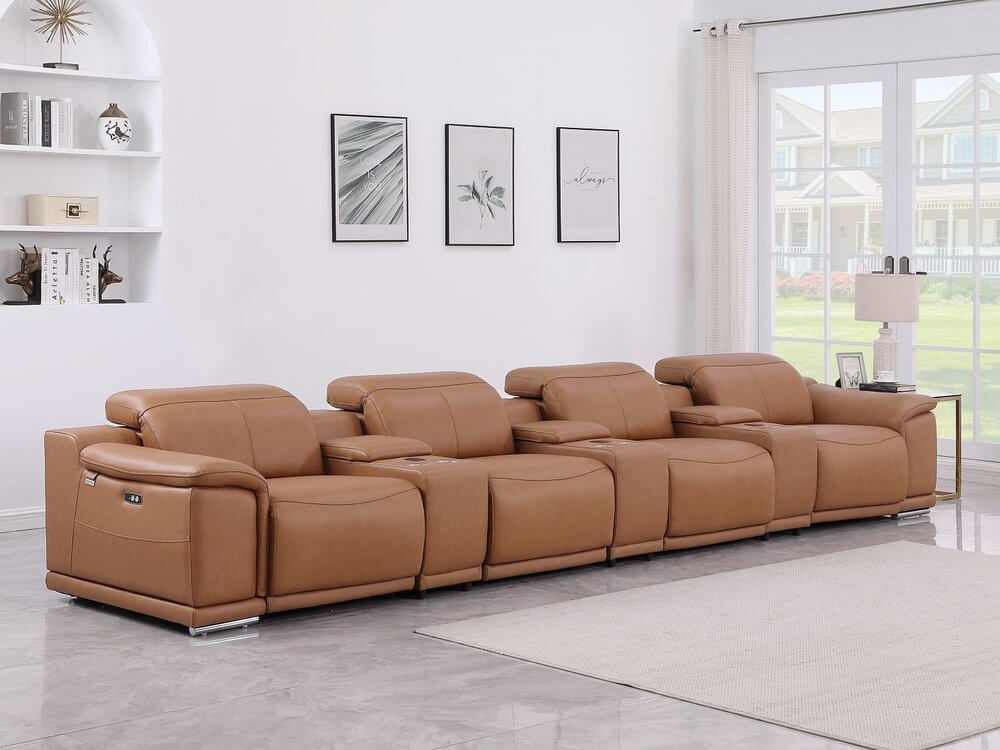175" Chestnut Italian Leather Power Reclining Sofa with USB | Luxury Modular Couch in a modern living room setting.