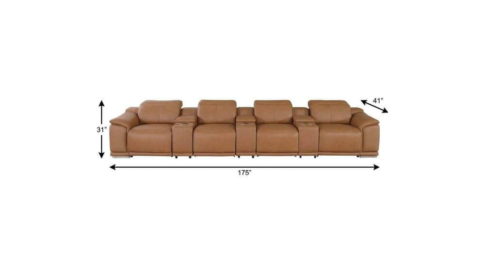 175" Chestnut Italian Leather Power Reclining Sofa with USB | Luxury Modular Couch dimensions and stylish design.