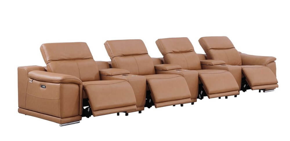 175" Chestnut Italian Leather Power Reclining Sofa with USB | Luxury Modular Couch in modern living room setting.