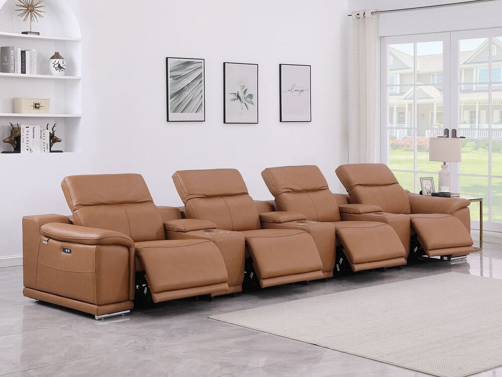 175" Chestnut Italian Leather Power Reclining Sofa with USB | Luxury Modular Couch in modern living room setting.