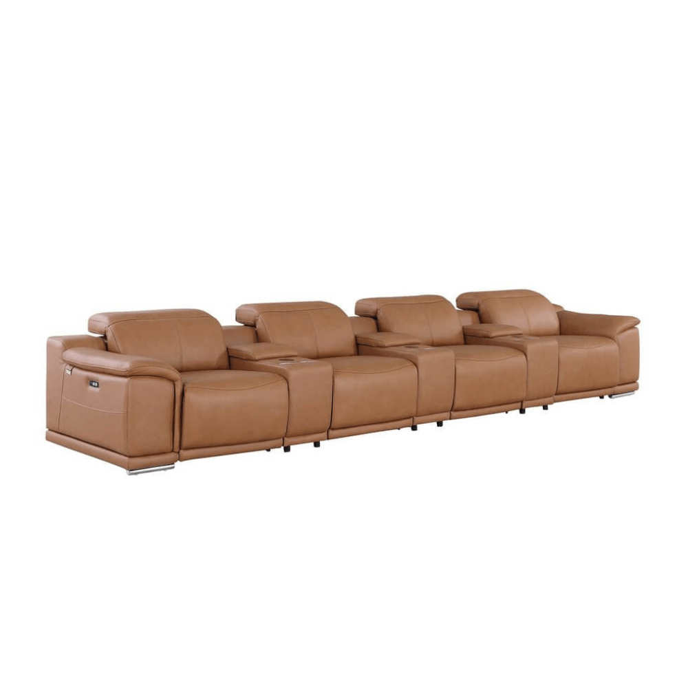 175" Chestnut Italian Leather Power Reclining Sofa with USB | Luxury Modular Couch in modern design.