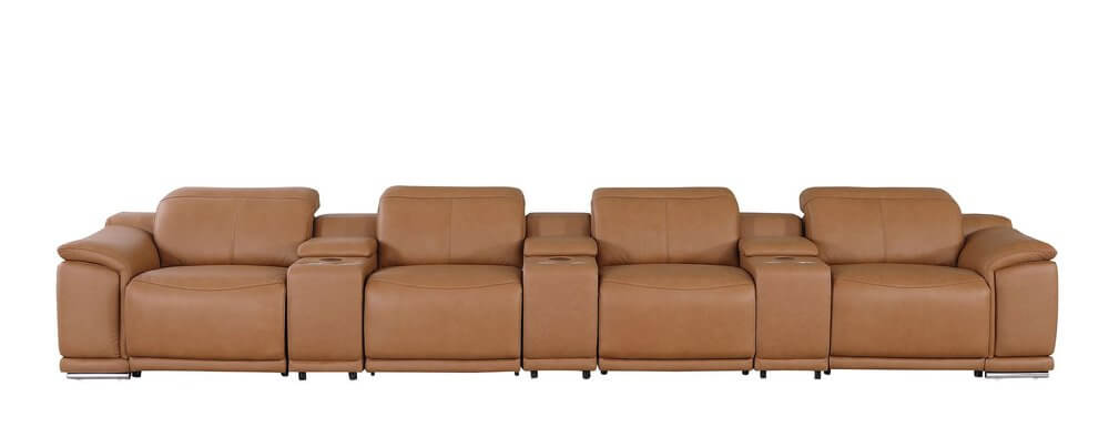 175" Chestnut Italian Leather Power Reclining Sofa with USB | Luxury Modular Couch in rich chestnut leather.