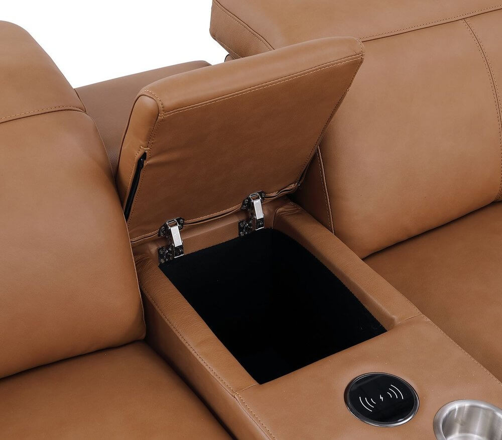 175" Chestnut Italian Leather Power Reclining Sofa with USB | Luxury Modular Couch center console with storage and cup holder