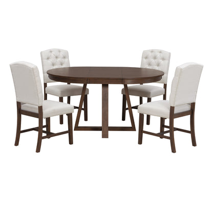 Corliss Walnut 5-Piece Round Dining Set – 42"-58" Extendable Acacia Veneer Table & 4 Tufted Chairs