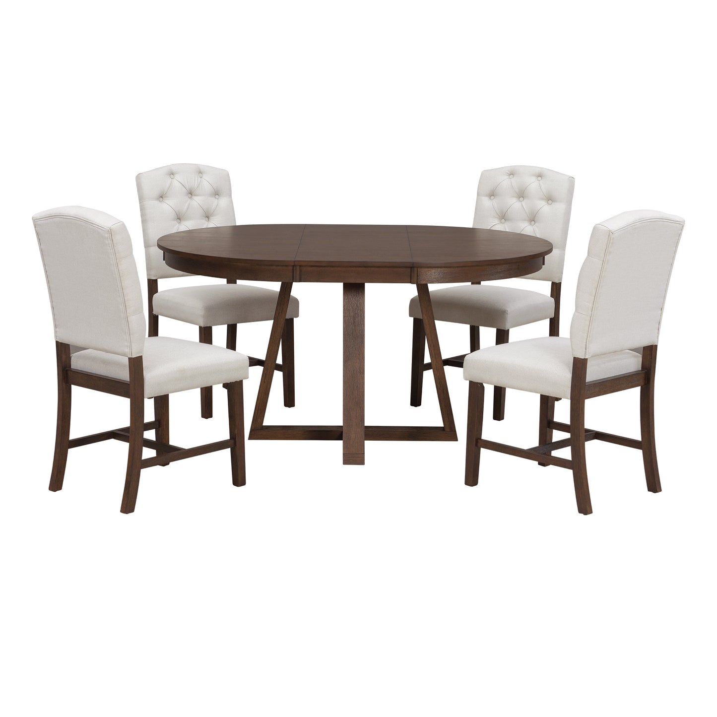Corliss Walnut 5-Piece Round Dining Set – 42"-58" Extendable Acacia Veneer Table & 4 Tufted Chairs