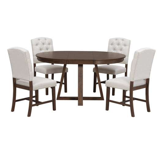 Corliss Walnut 5-Piece Round Dining Set – 42"-58" Extendable Acacia Veneer Table & 4 Tufted Chairs