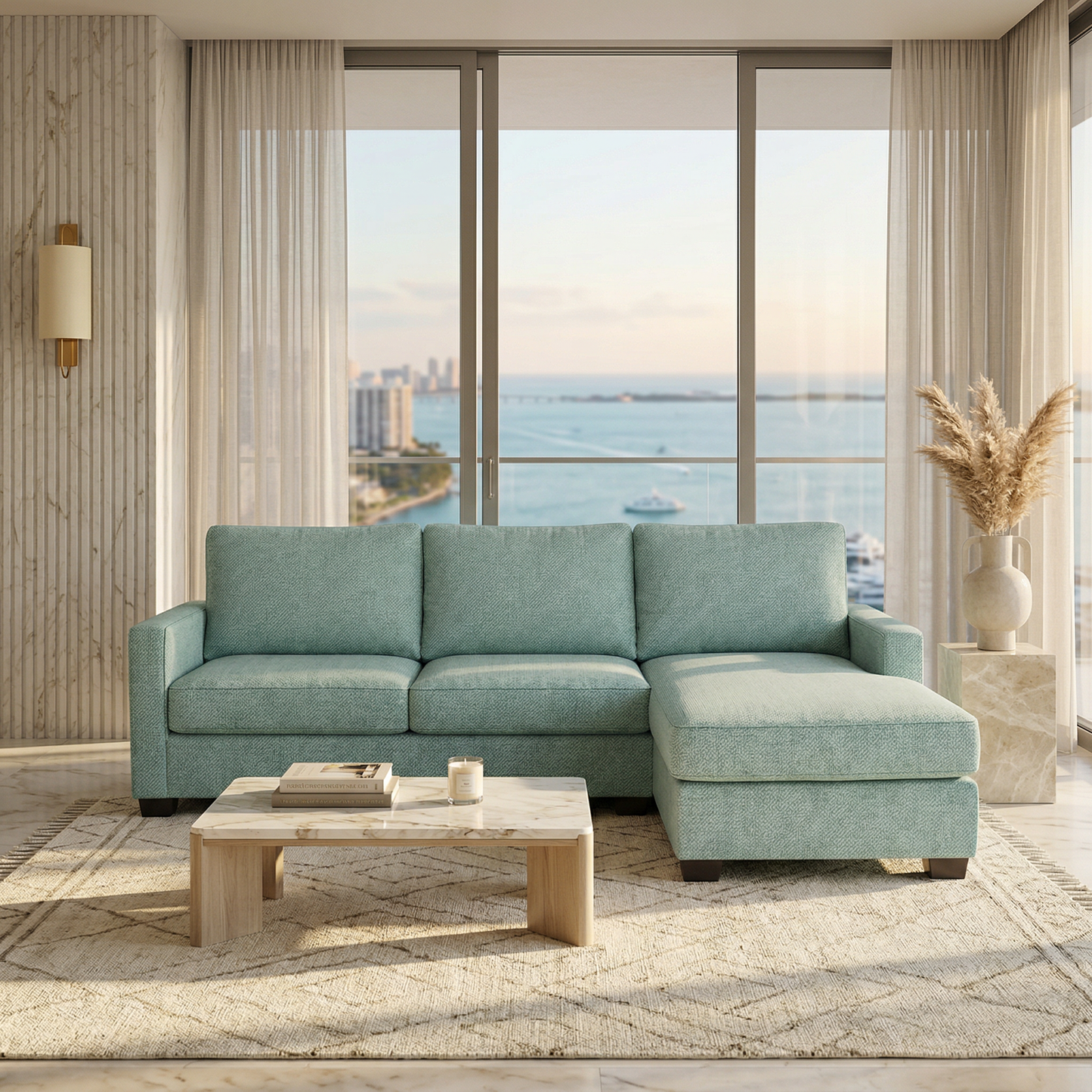 Damon L-Shaped Sectional Sofa – 120" Chaise Sectional in Fabric & Velvet - Leslie Robins Egg - Fabric (1)