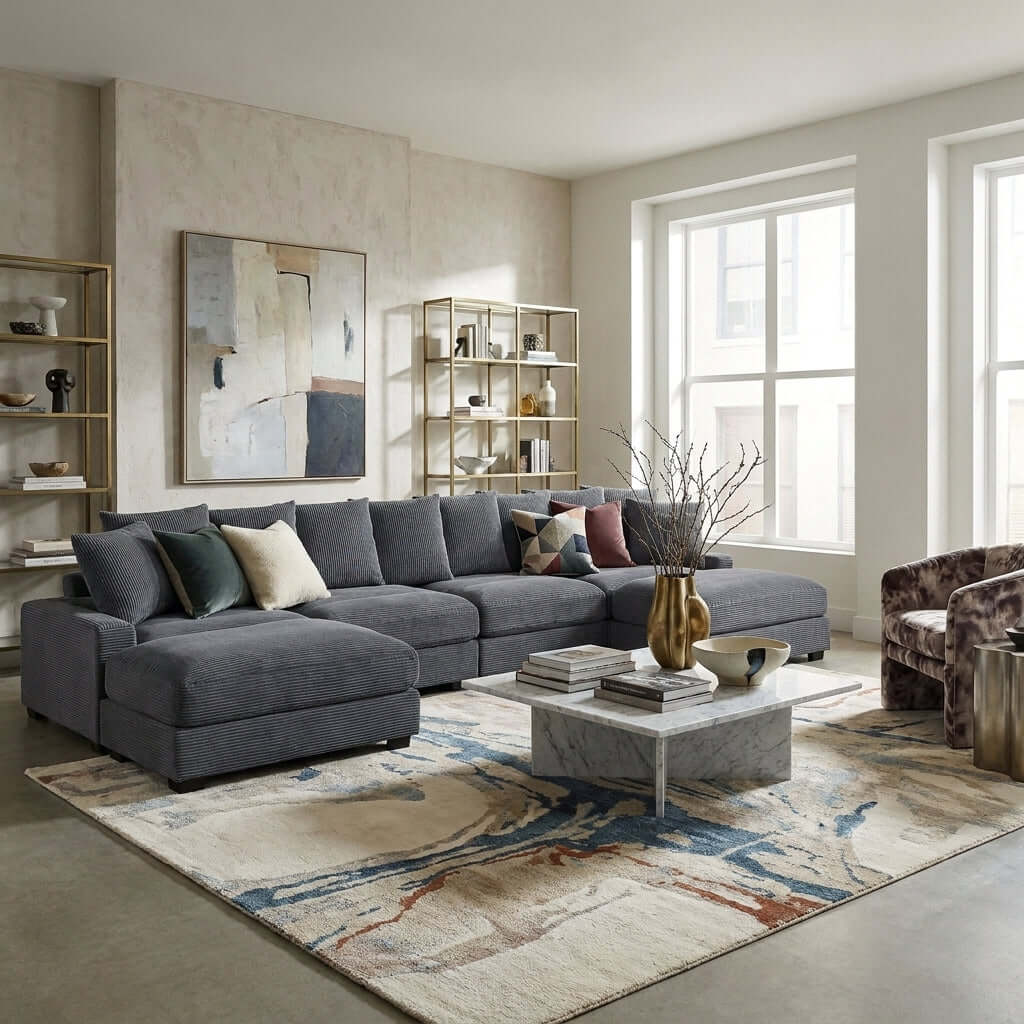 Lakelyn Dark Gray Corduroy Modular Sectional styled in a contemporary living room