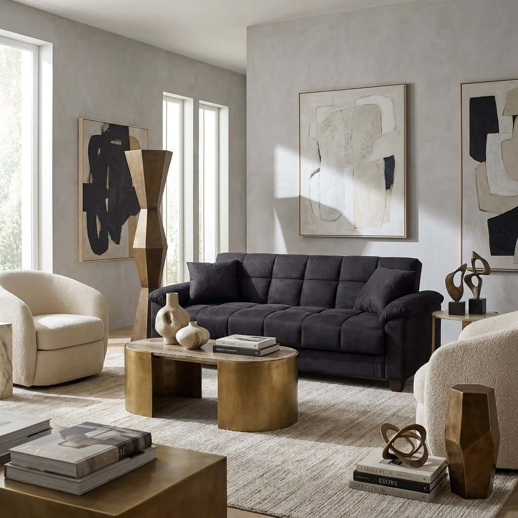Bramwell Microfiber Convertible Sofa styled in a contemporary living room