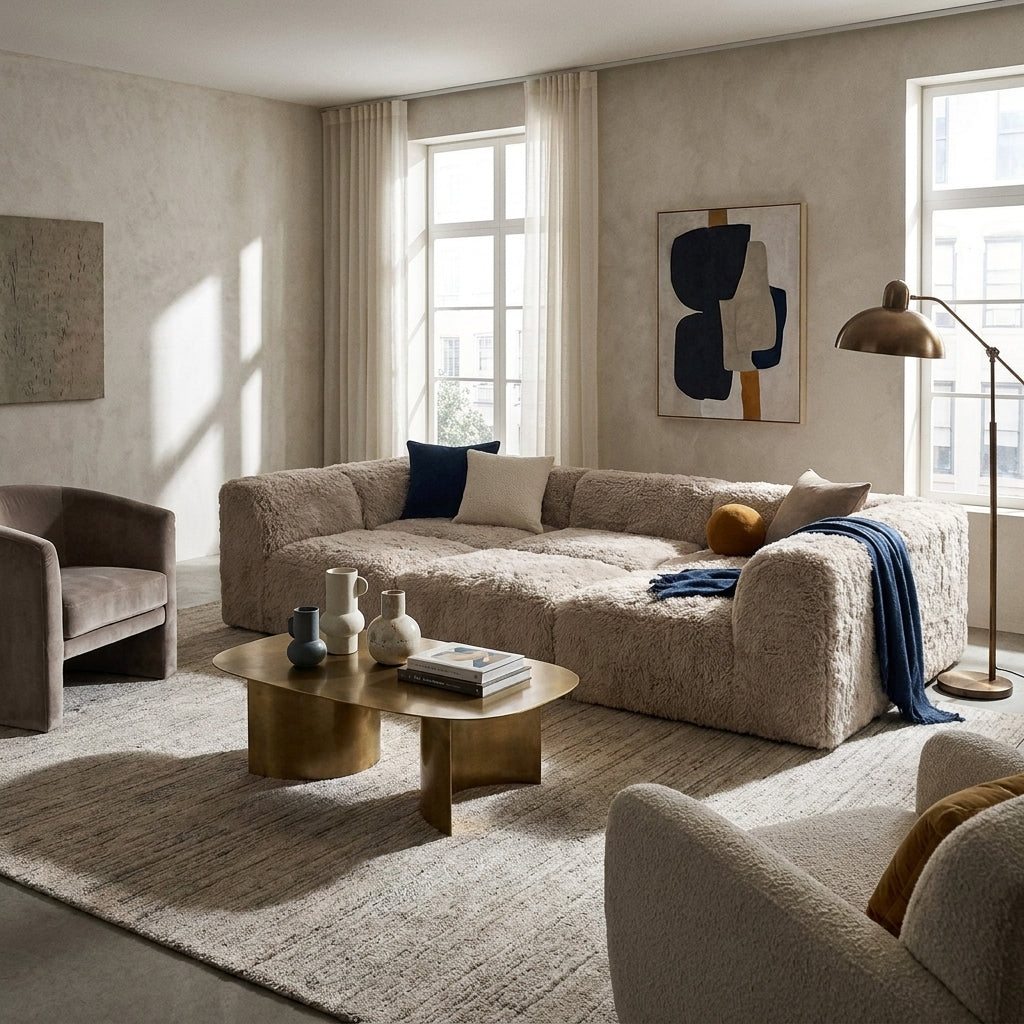 Delphine Faux Fur Modular Day Bed styled in a contemporary living room