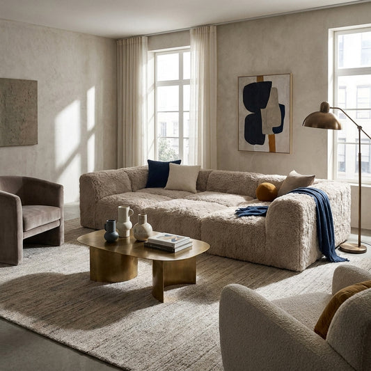 Delphine Faux Fur Modular Day Bed styled in a contemporary living room