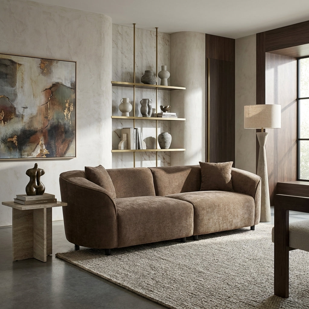 Cavell Curved Contemporary Sofa styled in a contemporary living room