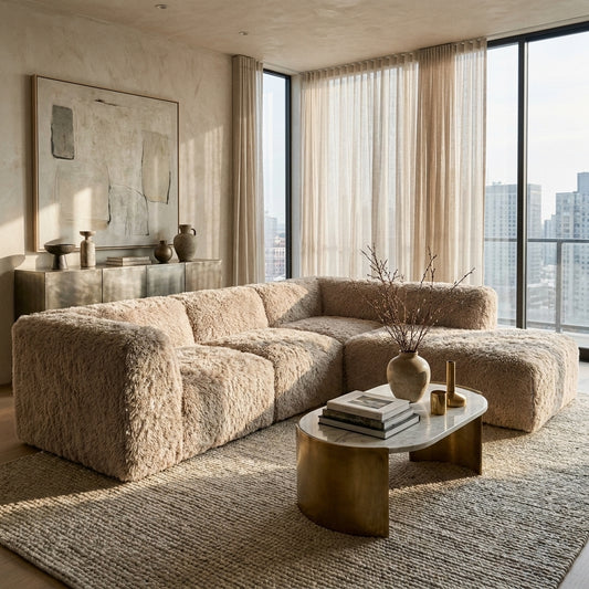 Lockhart Taupe Faux Fur L-Sectional Sofa styled in a contemporary living room