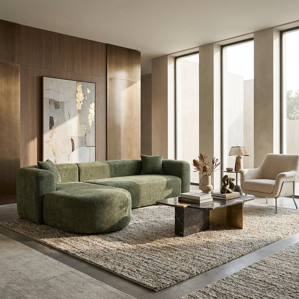Delphine Green Chenille Curved Modular Sofa styled in a contemporary living room
