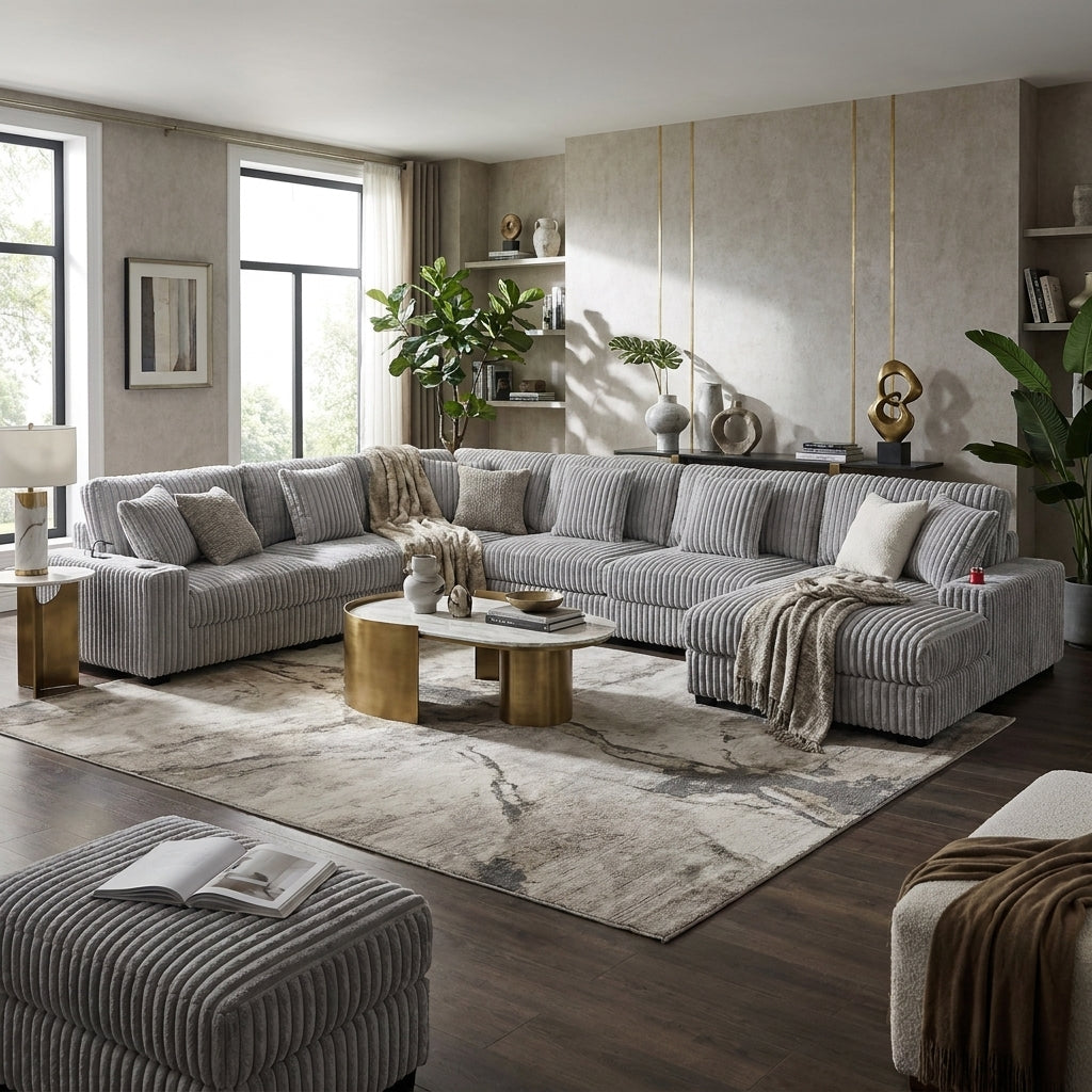 Ravenna Corduroy Modular U-Sectional Sofa styled in a contemporary living room