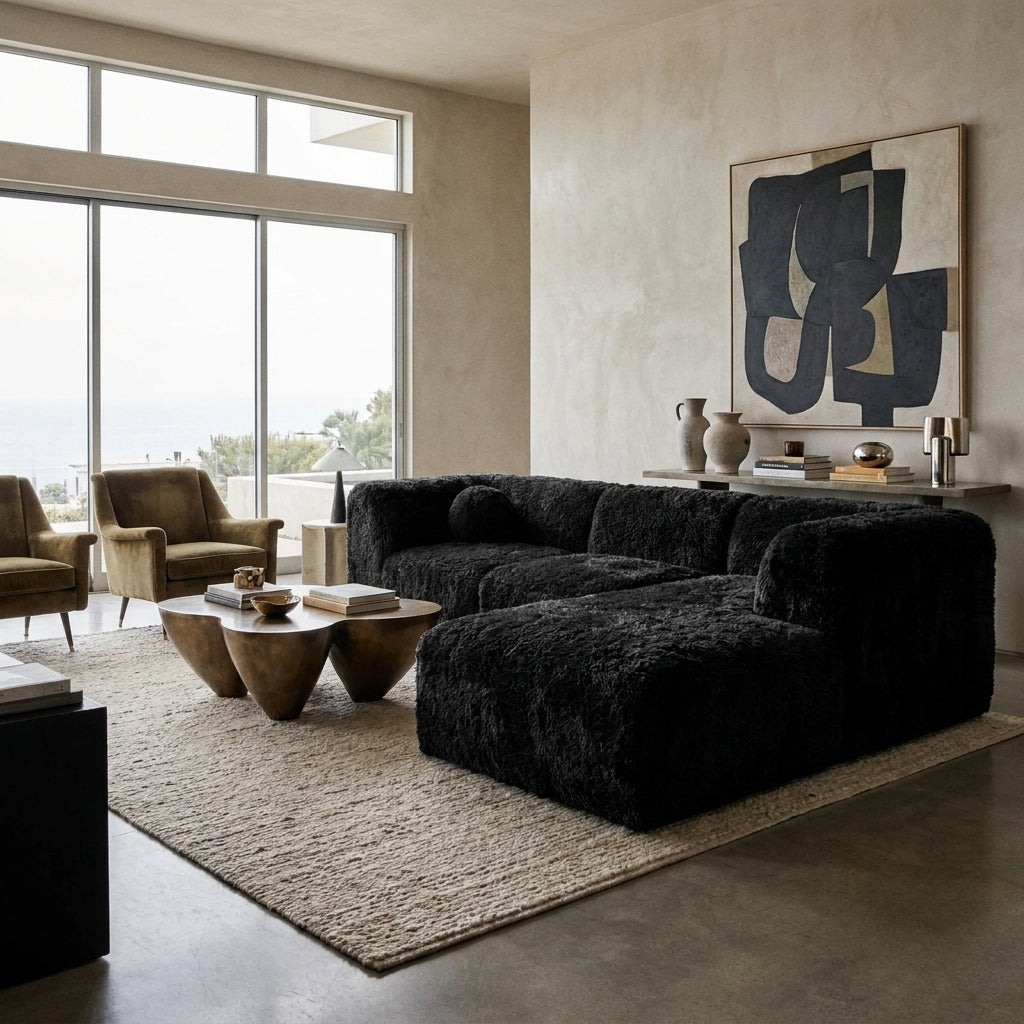 Sutter Faux Fur Corner Wedge Pair styled in a contemporary living room