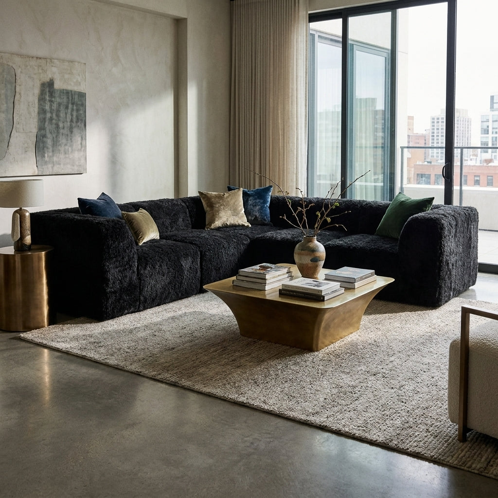 Kellan Faux Fur 5-Piece L-Sectional Sofa styled in a contemporary living room