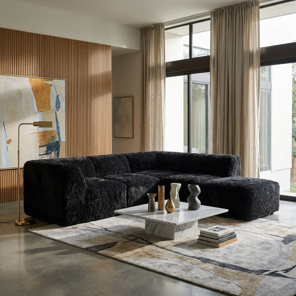 Donovan Faux Fur Modular Sectional styled in a contemporary living room