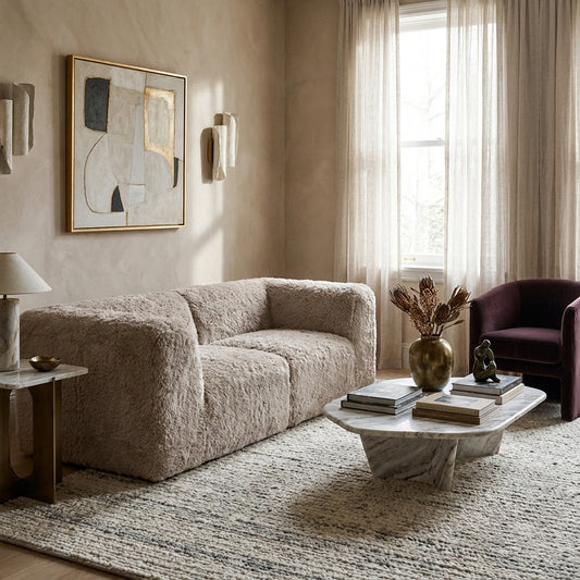 Sabine Faux Fur Modular Loveseat styled in a contemporary living room