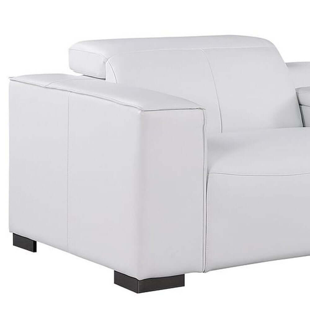 179" White Top Grain Leather Power Reclining Sofa with USB | Modern Modular Couch corner close-up.
