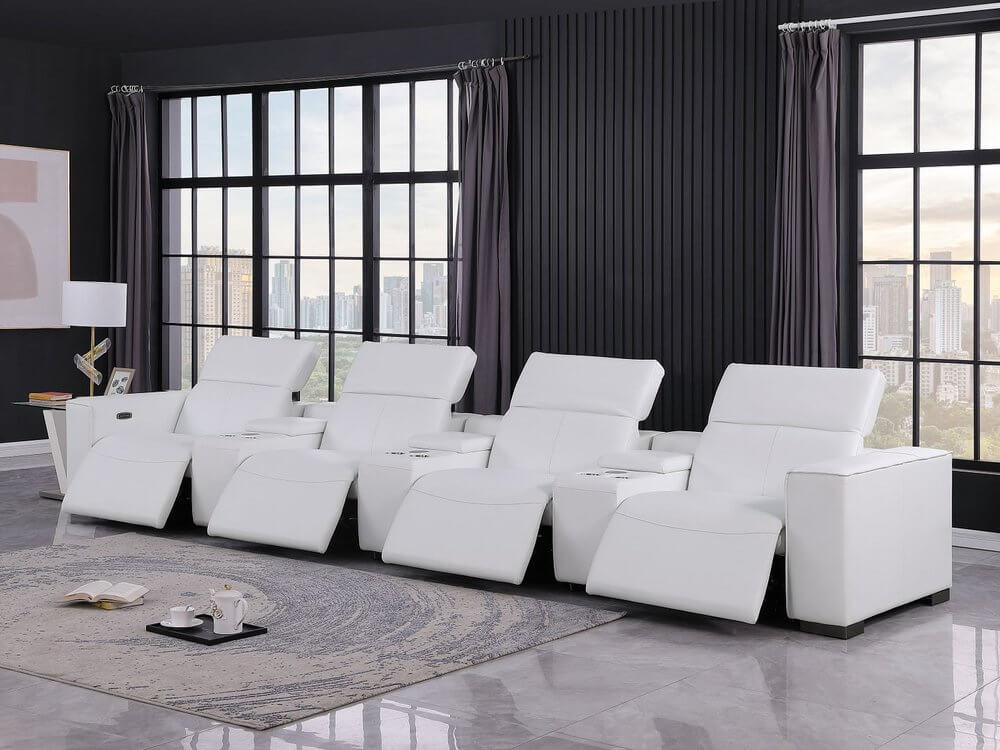 179" White Top Grain Leather Power Reclining Sofa with USB | Modern Modular Couch in a stylish living room setting.