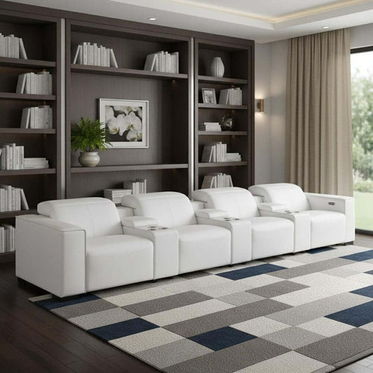 179" White Top Grain Leather Power Reclining Sofa with USB | Modern Modular Couch in elegant living room setting.