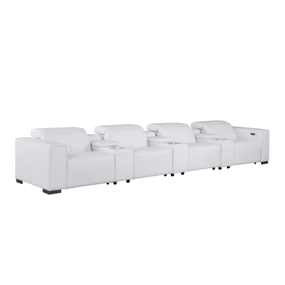 179" White Top Grain Leather Power Reclining Sofa with USB | Modern Modular Couch in a luxurious white finish.